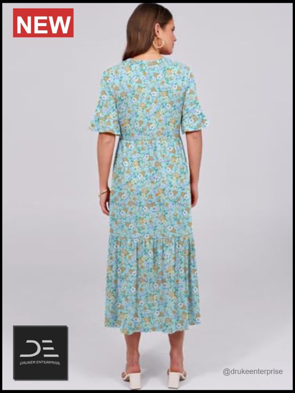 Ruffle Short Sleeve Maxi Dress, V-Neck Tiered with Pockets, Flowey Summer Dress - Picture 4 of 7